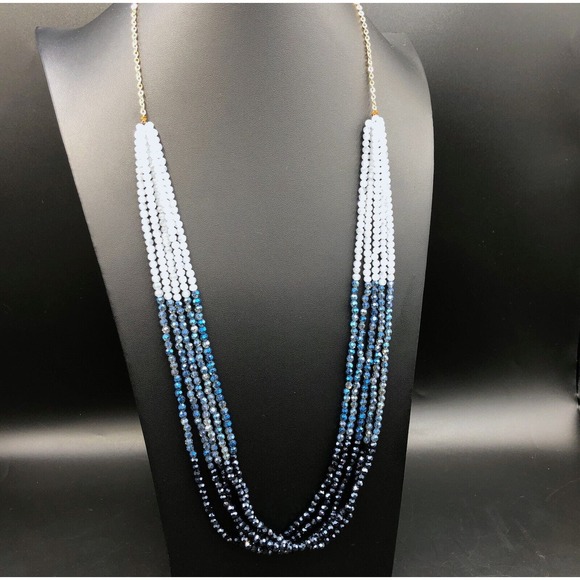 Glass Multi Strand Necklace Long Ombre Blue AB Faceted Bead Boho Gold Tone Chain - Picture 1 of 10